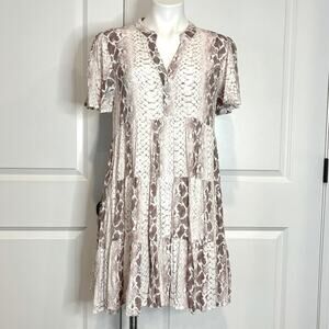 Liza Byrd White Tan Snake Print Short Flutter Sleeve Tiered Short Dress S